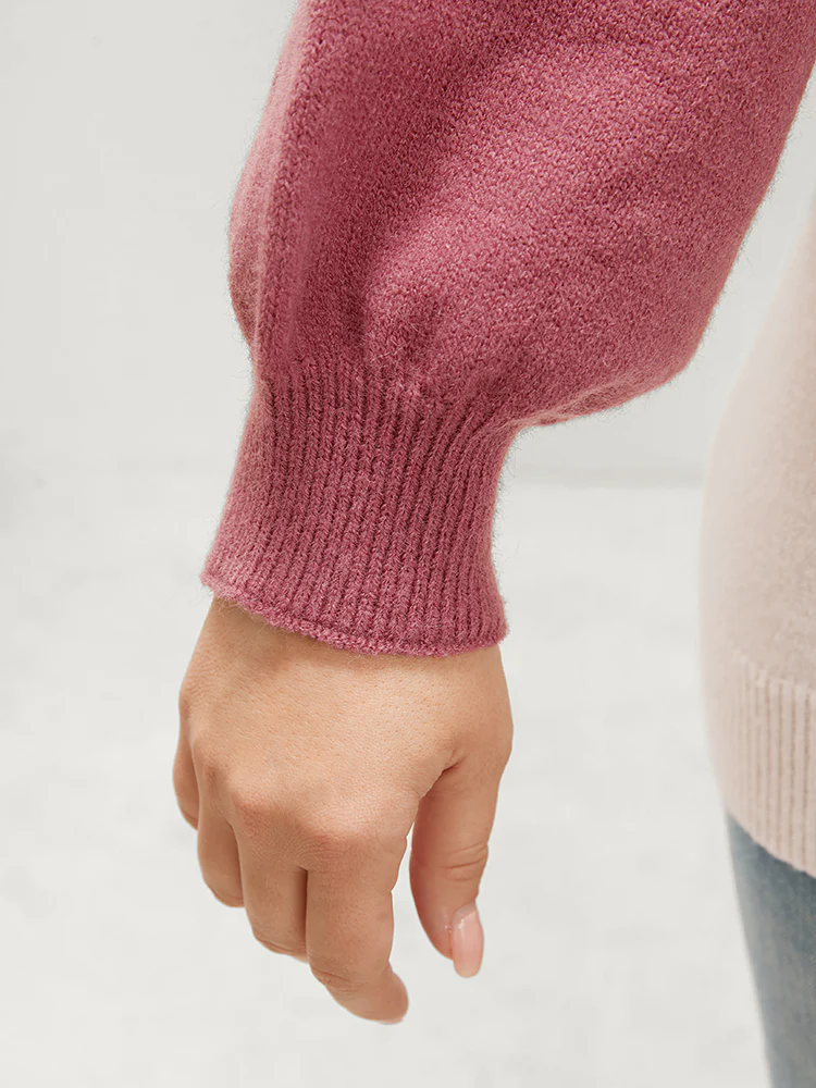 Colorblock Contrast Soft Pointelle Knit Lantern Sleeve Knit Top - Image 8