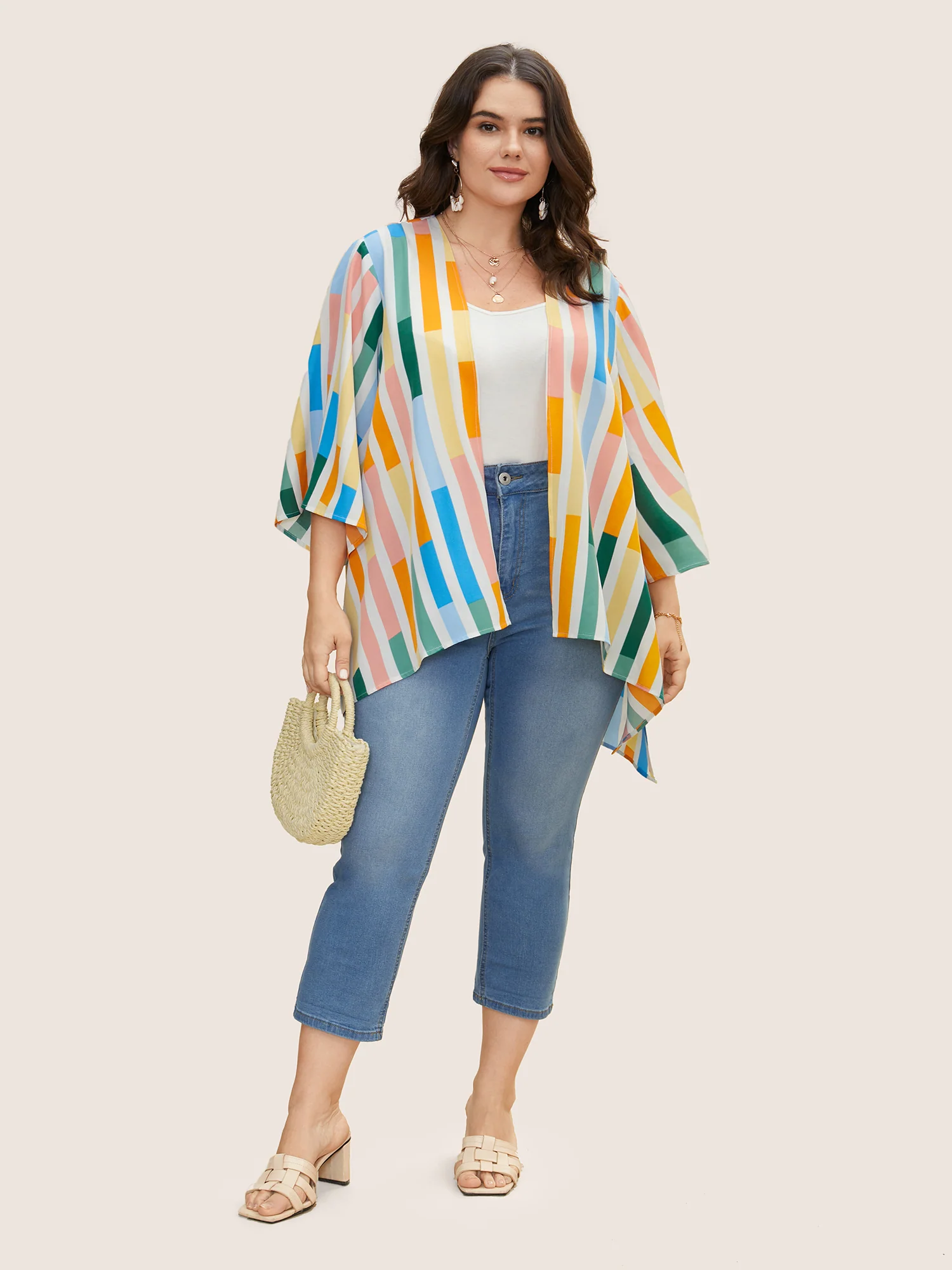 Colorblock Contrast Split Side High Low Hem Kimono - Image 2