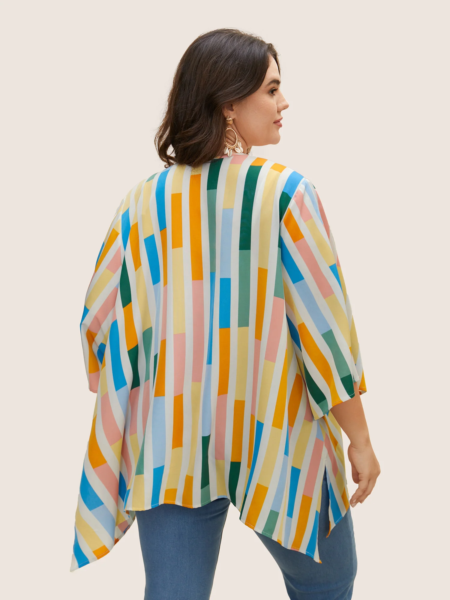 Colorblock Contrast Split Side High Low Hem Kimono - Image 4