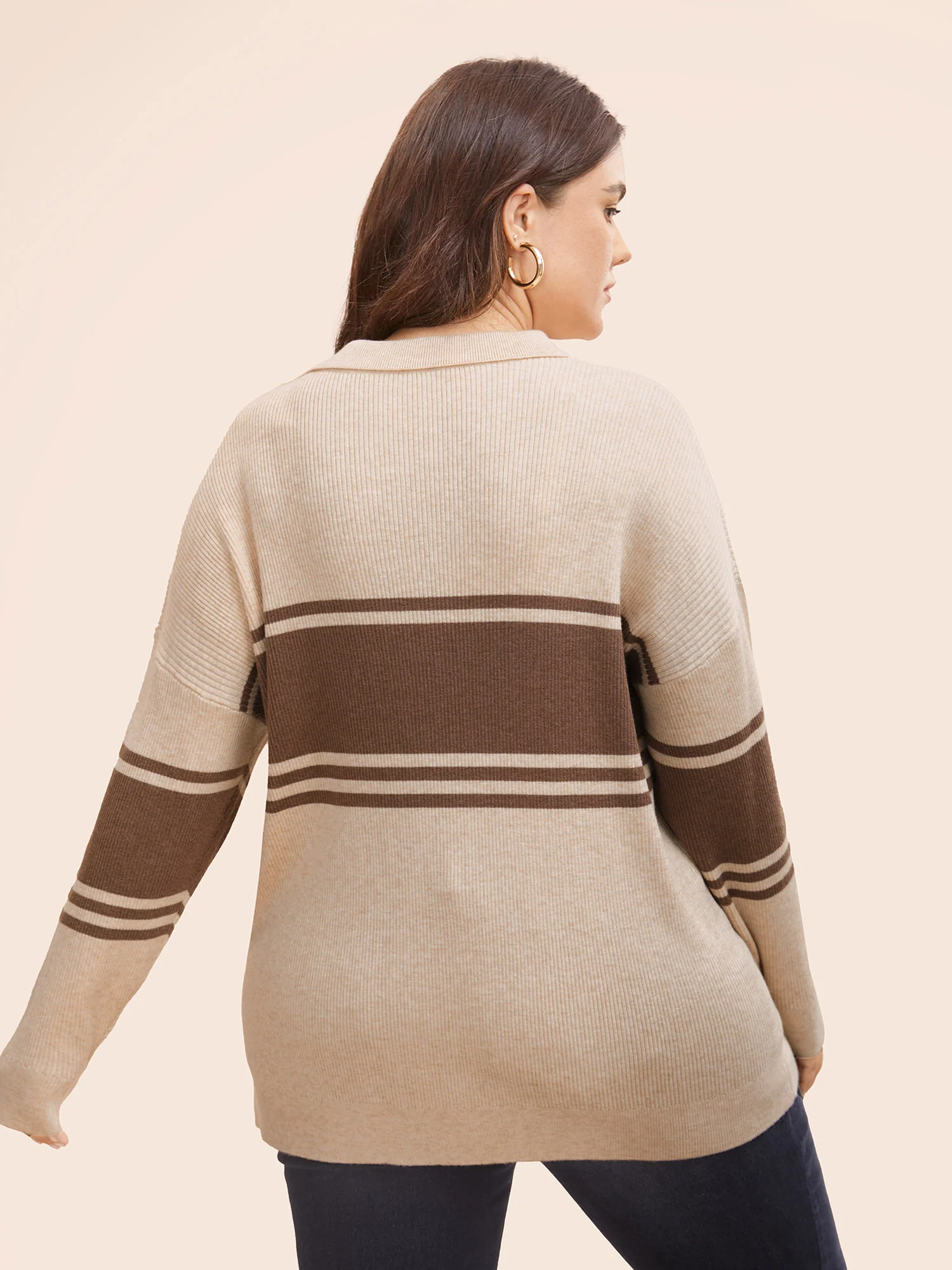 Colorblock Contrast Striped Polo Neck Pullover - Image 2