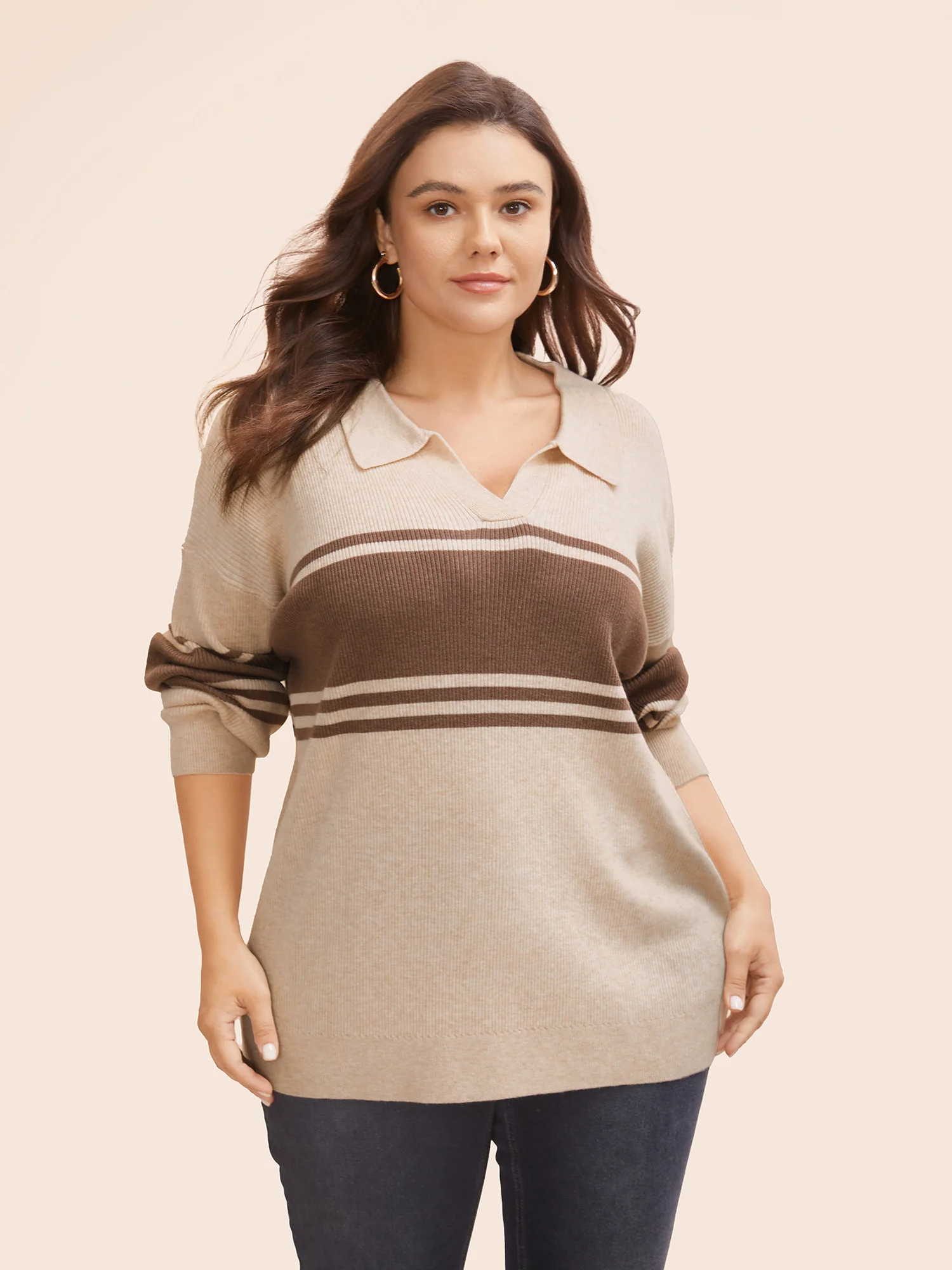 Colorblock Contrast Striped Polo Neck Pullover - Image 4