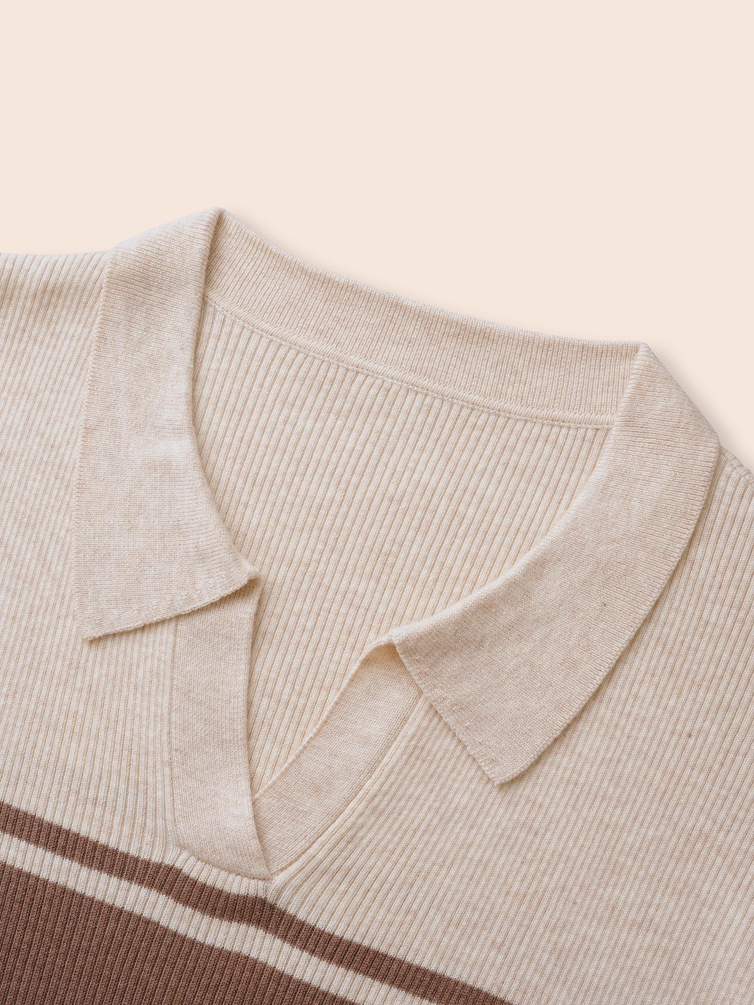 Colorblock Contrast Striped Polo Neck Pullover - Image 6