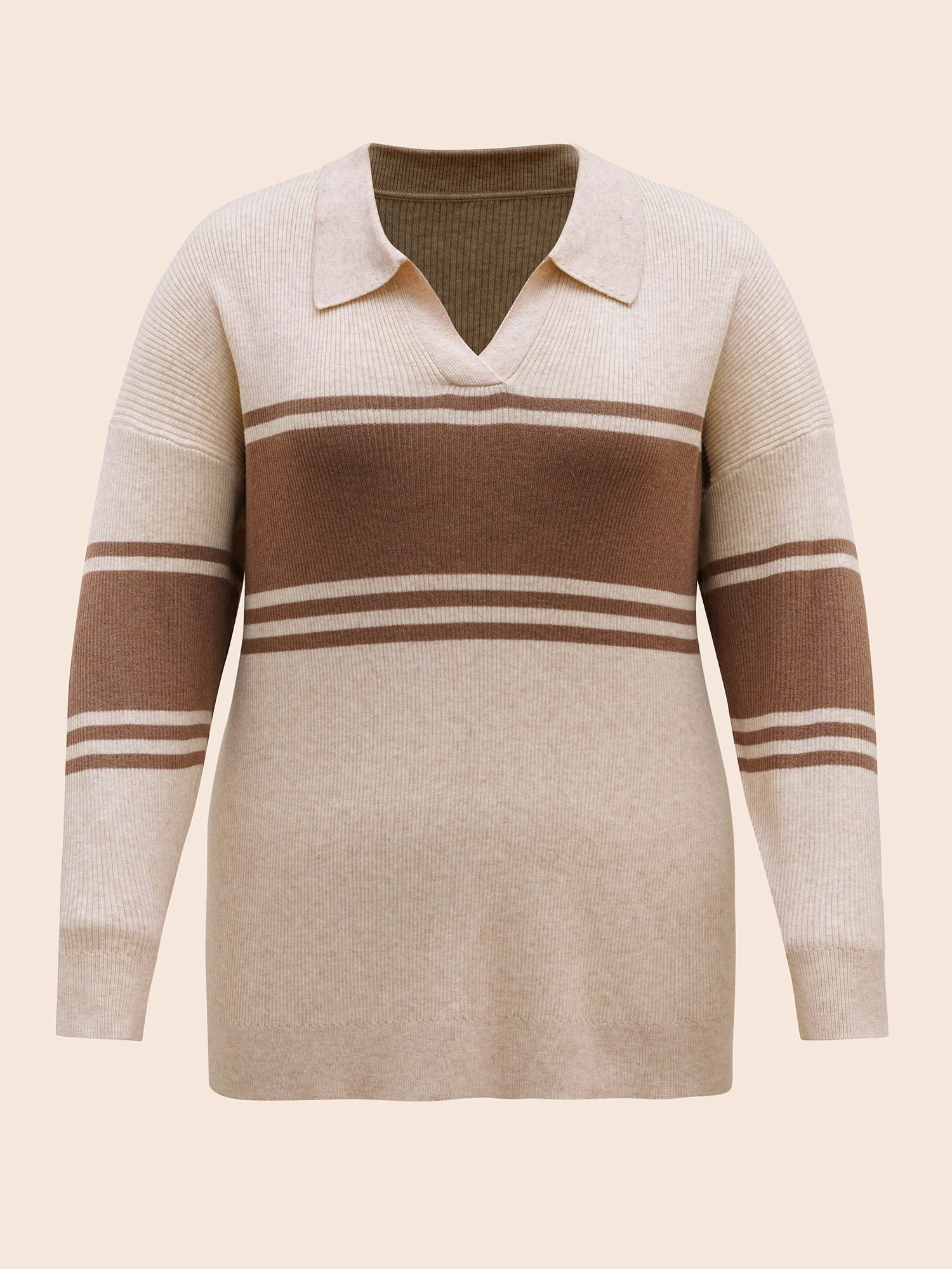 Colorblock Contrast Striped Polo Neck Pullover - Image 8
