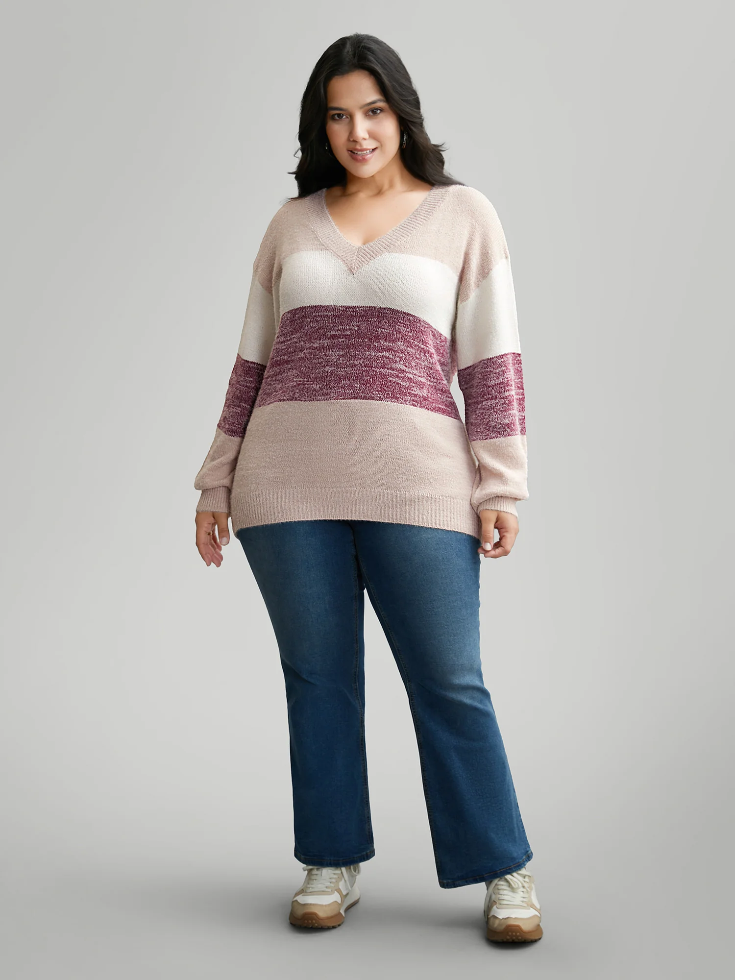 Colorblock Contrast Super Soft Plush Knit V Neck Pullover - Image 2