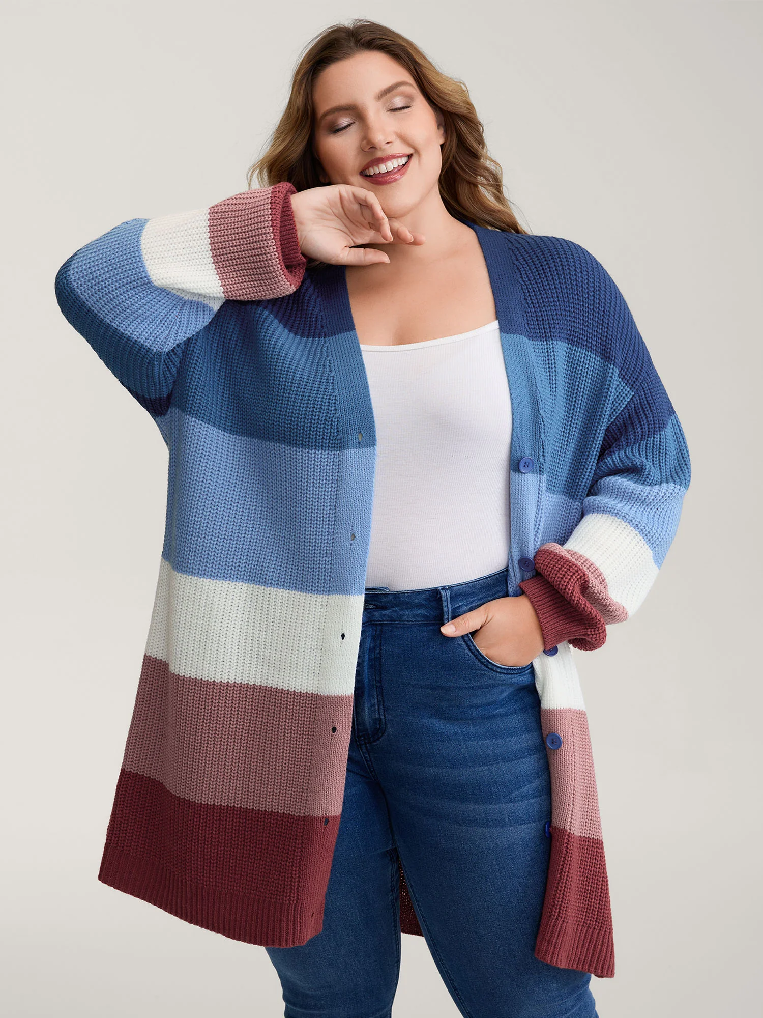 Colorblock Contrast Texture Button Cardigan - Image 10
