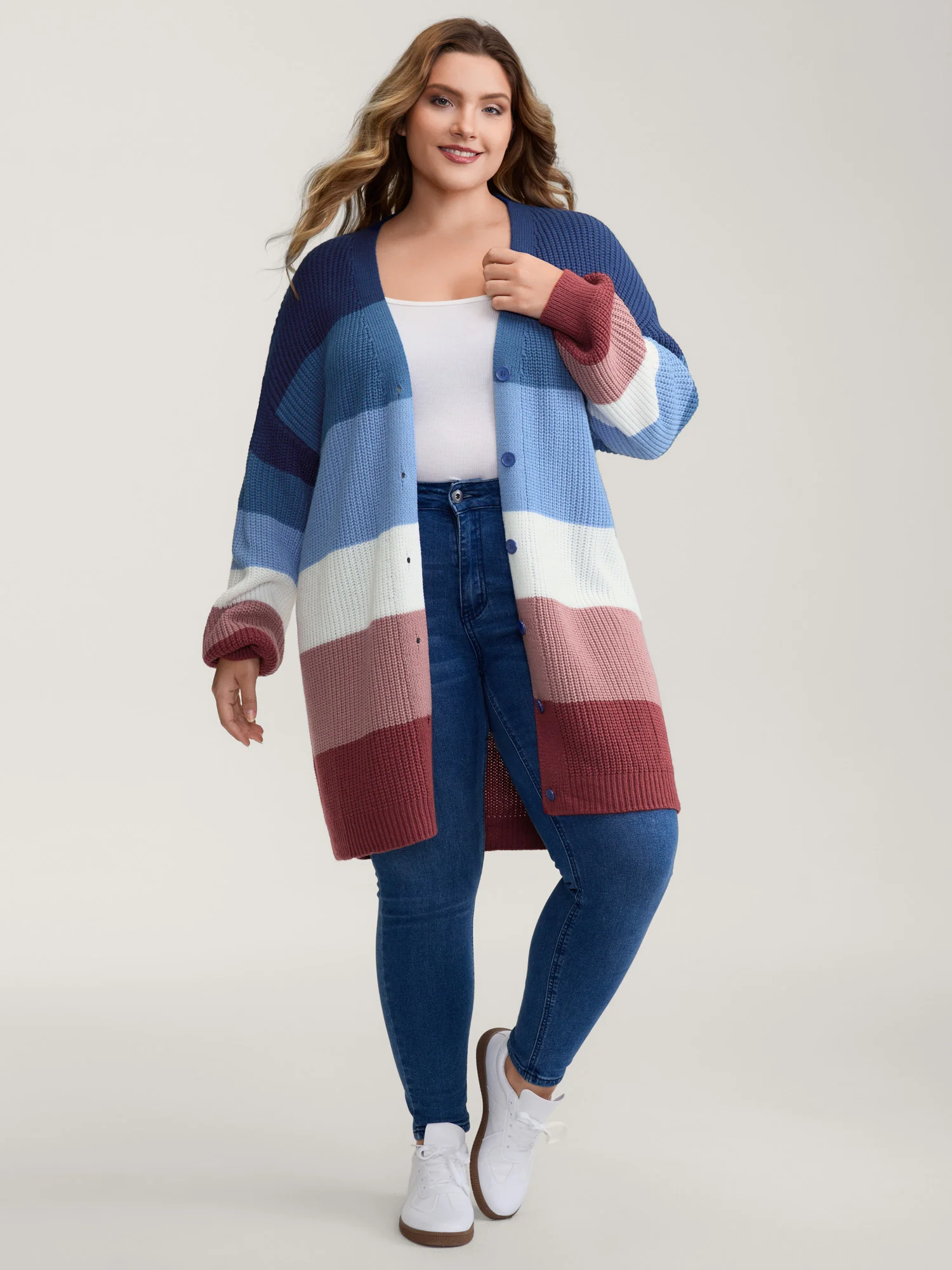 Colorblock Contrast Texture Button Cardigan - Image 12