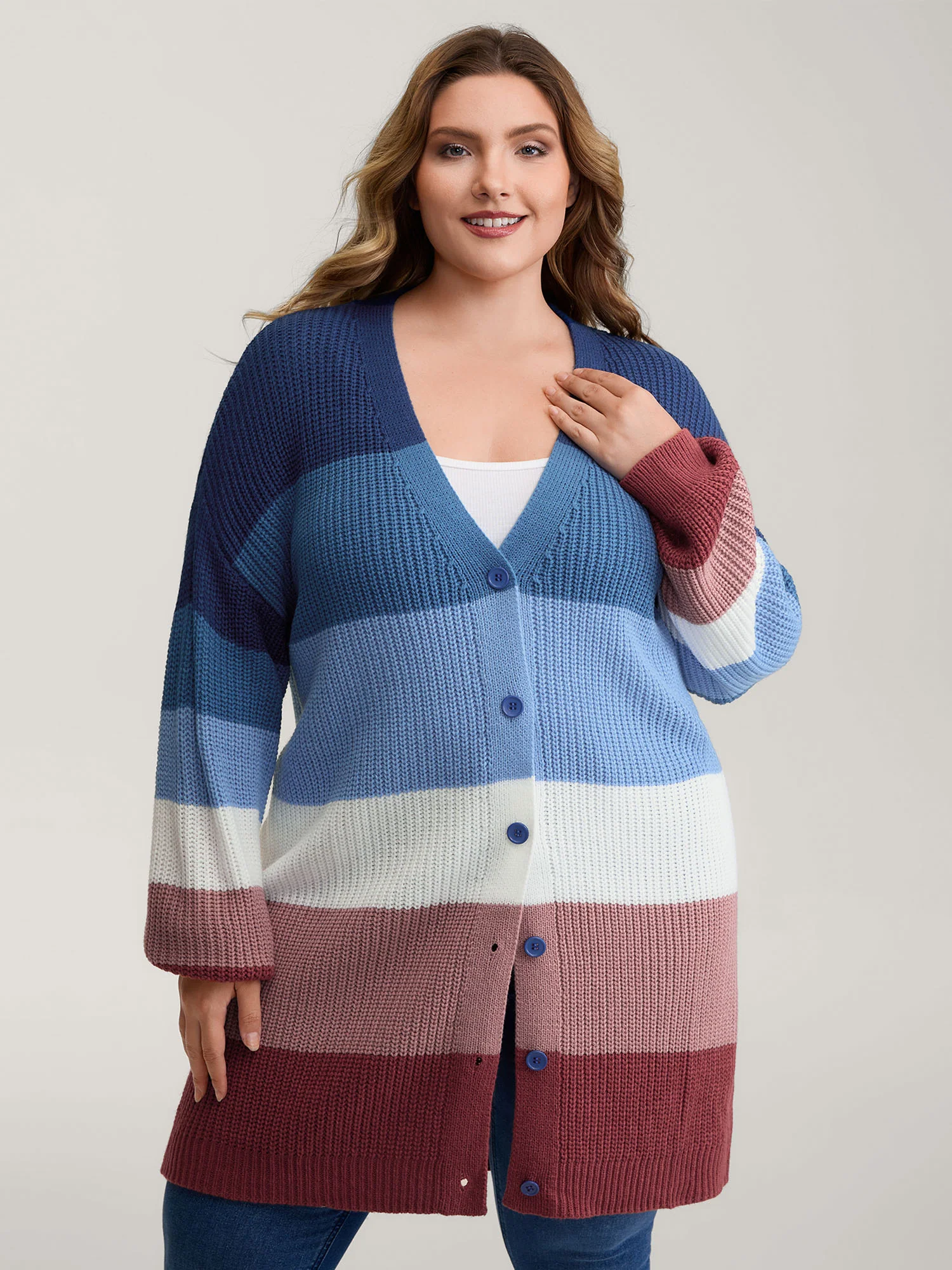Colorblock Contrast Texture Button Cardigan - Image 13