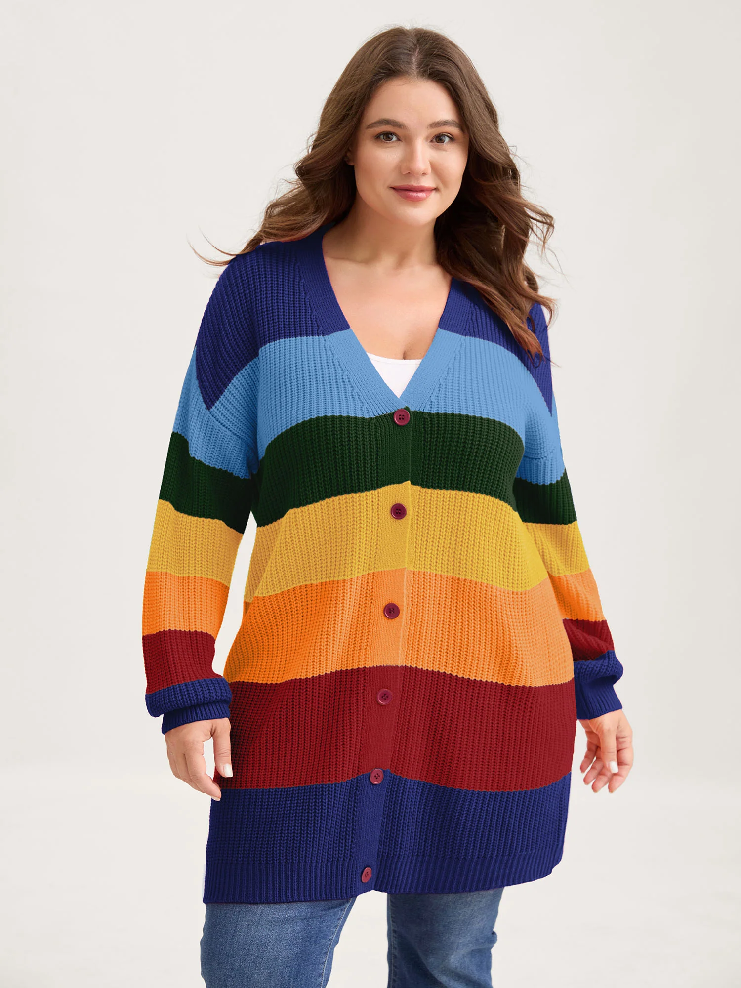 Colorblock Contrast Texture Button Cardigan - Image 2