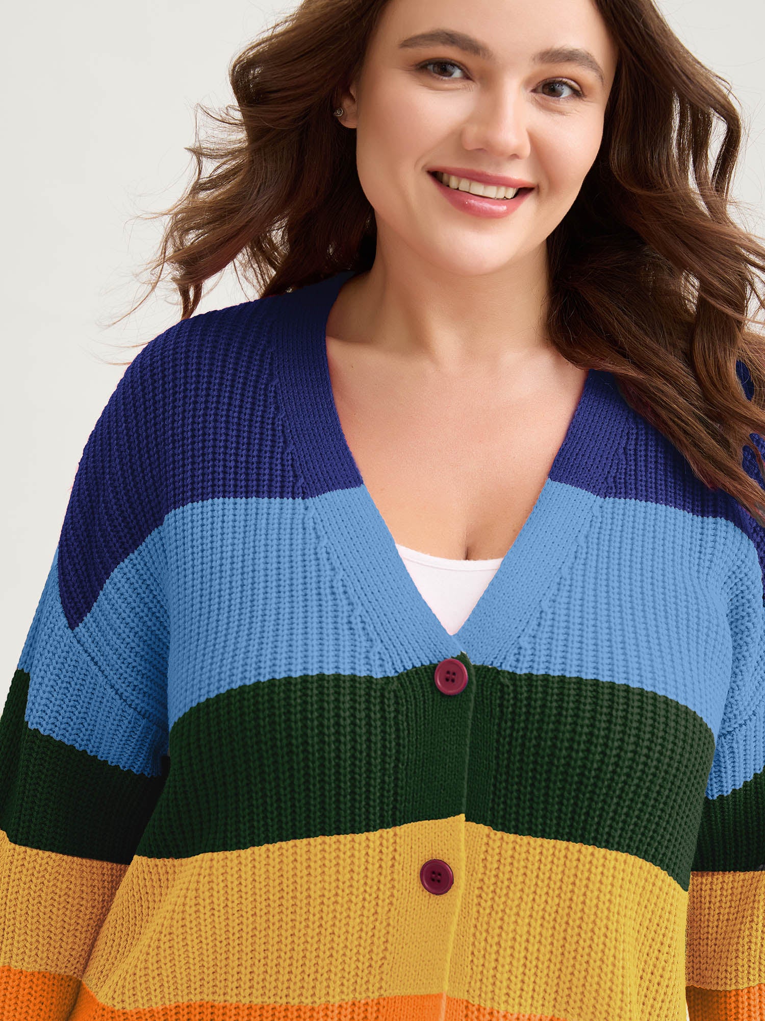 Colorblock Contrast Texture Button Cardigan - Image 3