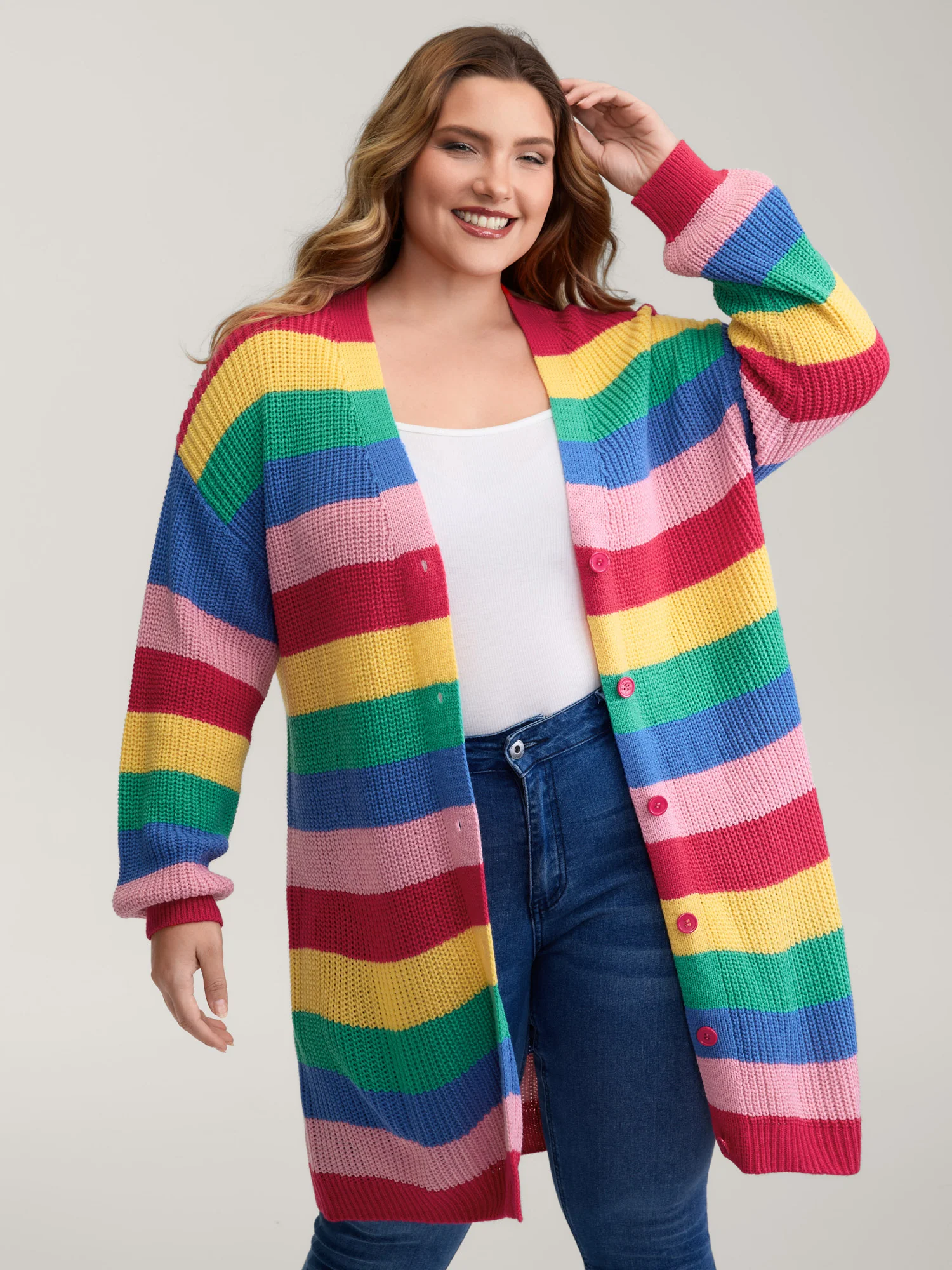 Colorblock Contrast Texture Button Cardigan - Image 5