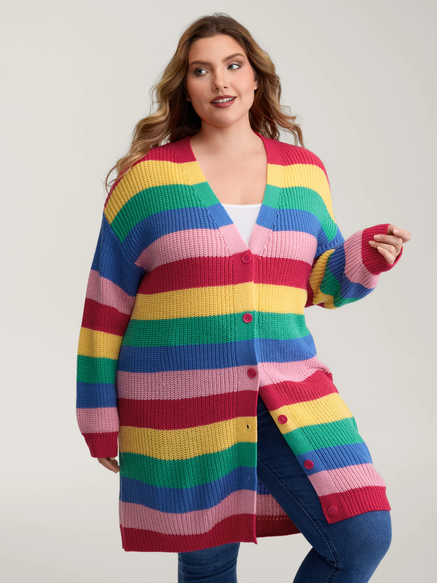 Colorblock Contrast Texture Button Cardigan - Image 8