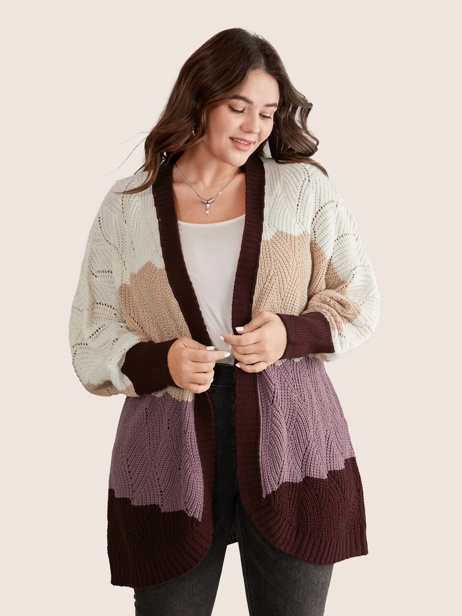Colorblock Contrast Texture Dolman Sleeve Cardigan - Image 3