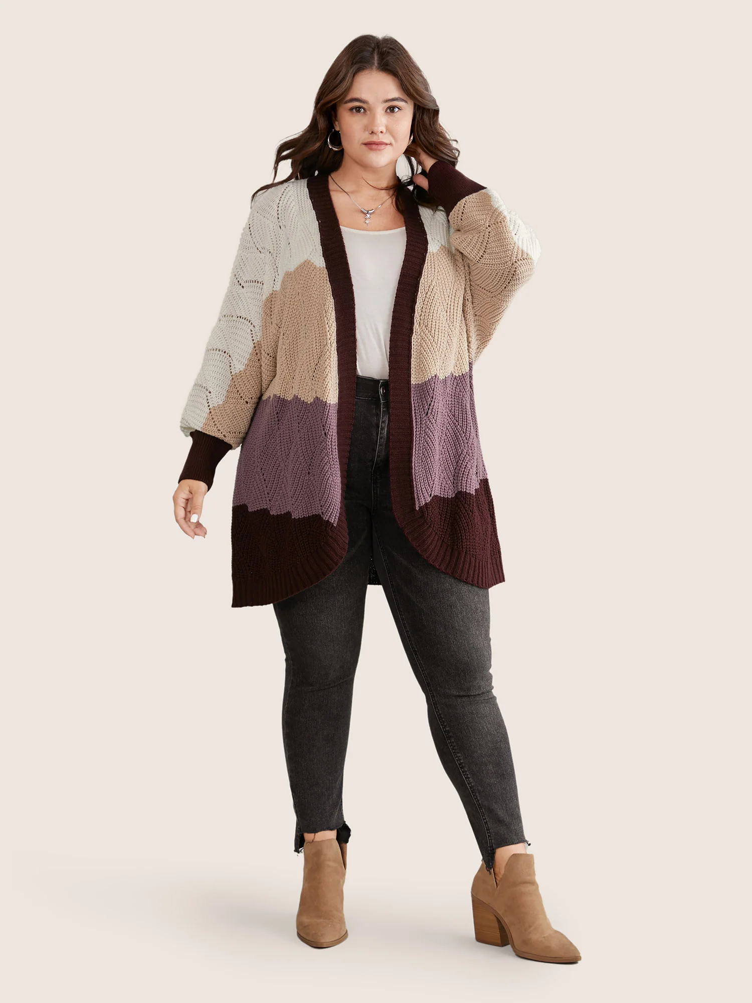 Colorblock Contrast Texture Dolman Sleeve Cardigan - Image 4