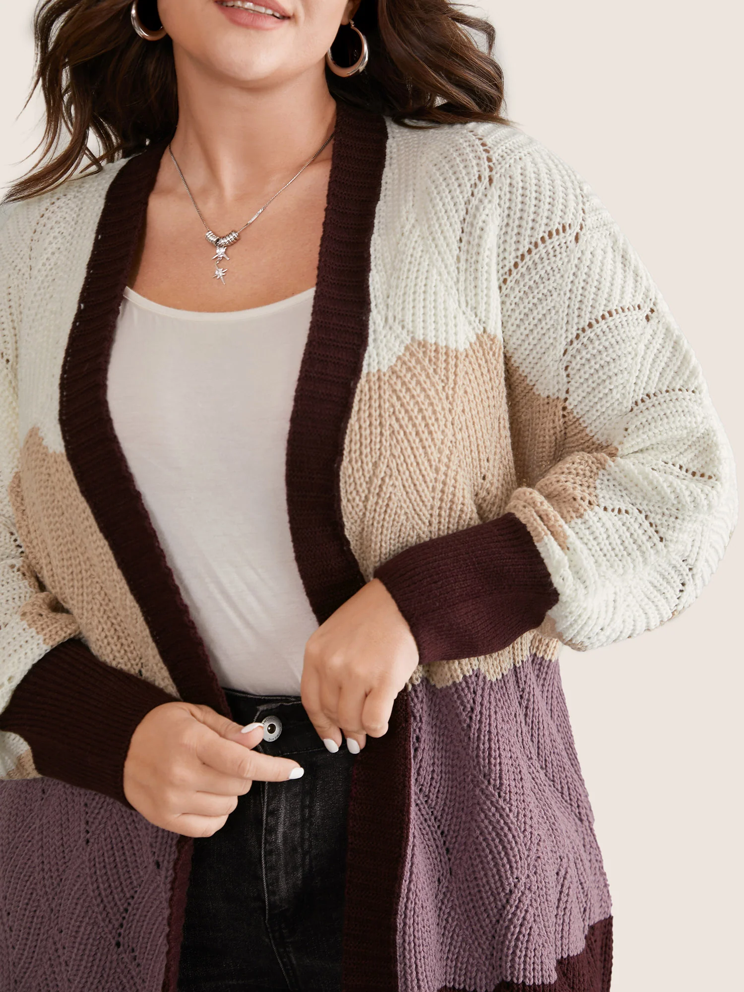 Colorblock Contrast Texture Dolman Sleeve Cardigan - Image 5