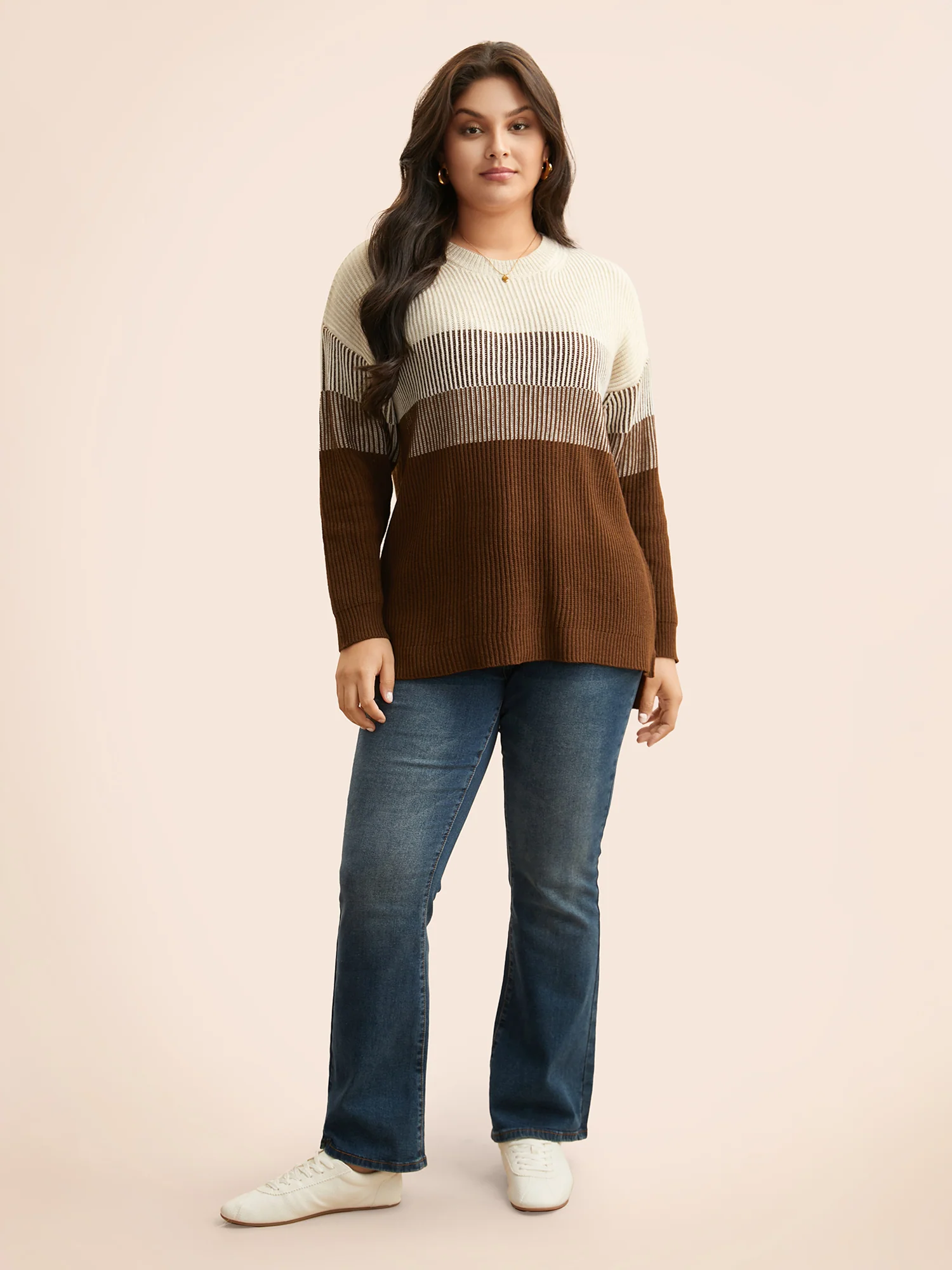 Colorblock Contrast Texture Slit Hem Pullover - Image 3