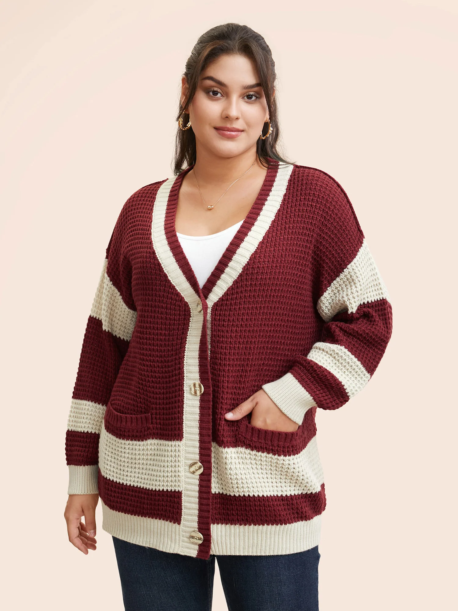 Colorblock Contrast Textured Patched Pocket Cardigan - Image 3
