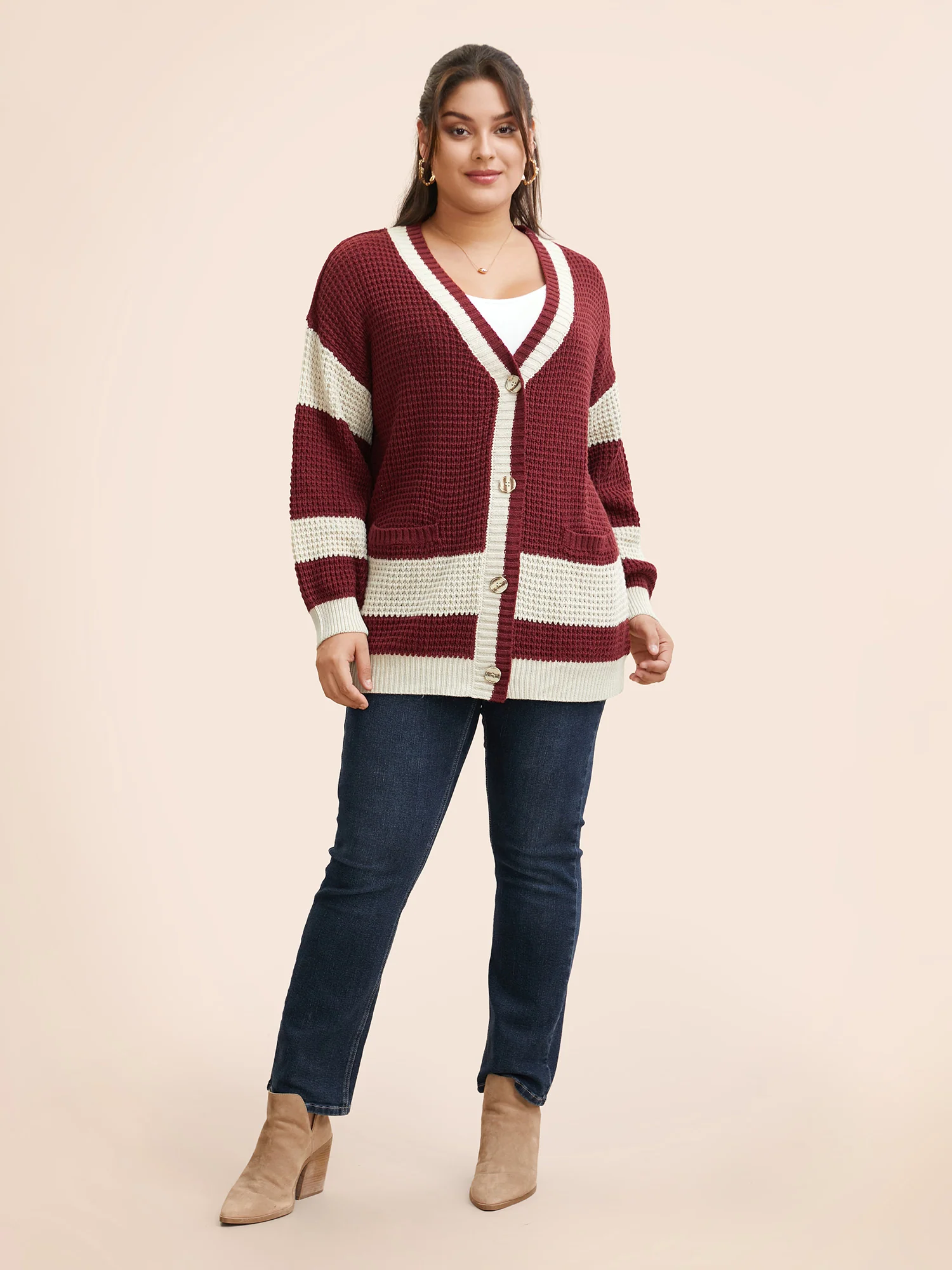 Colorblock Contrast Textured Patched Pocket Cardigan - Image 4