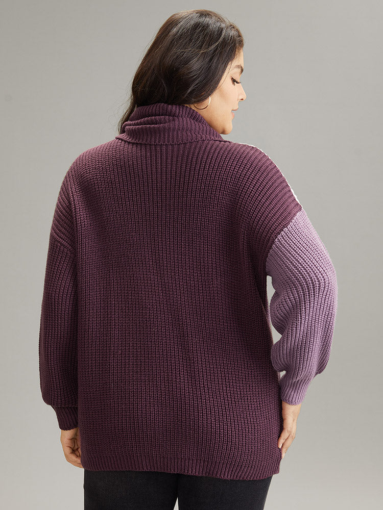 Asymmetrical Colorblock Turtle Neck Drop Shoulder Pullover - Image 2