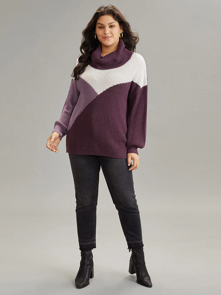 Asymmetrical Colorblock Turtle Neck Drop Shoulder Pullover - Image 3