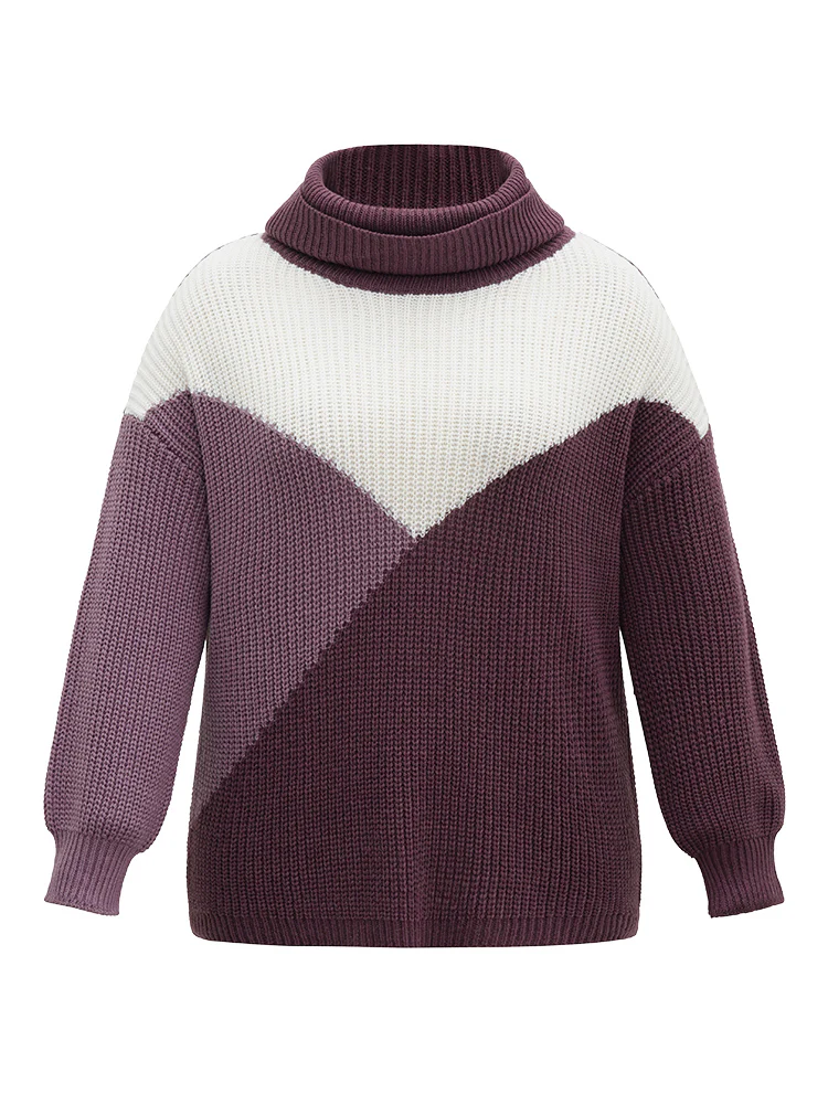 Asymmetrical Colorblock Turtle Neck Drop Shoulder Pullover - Image 5