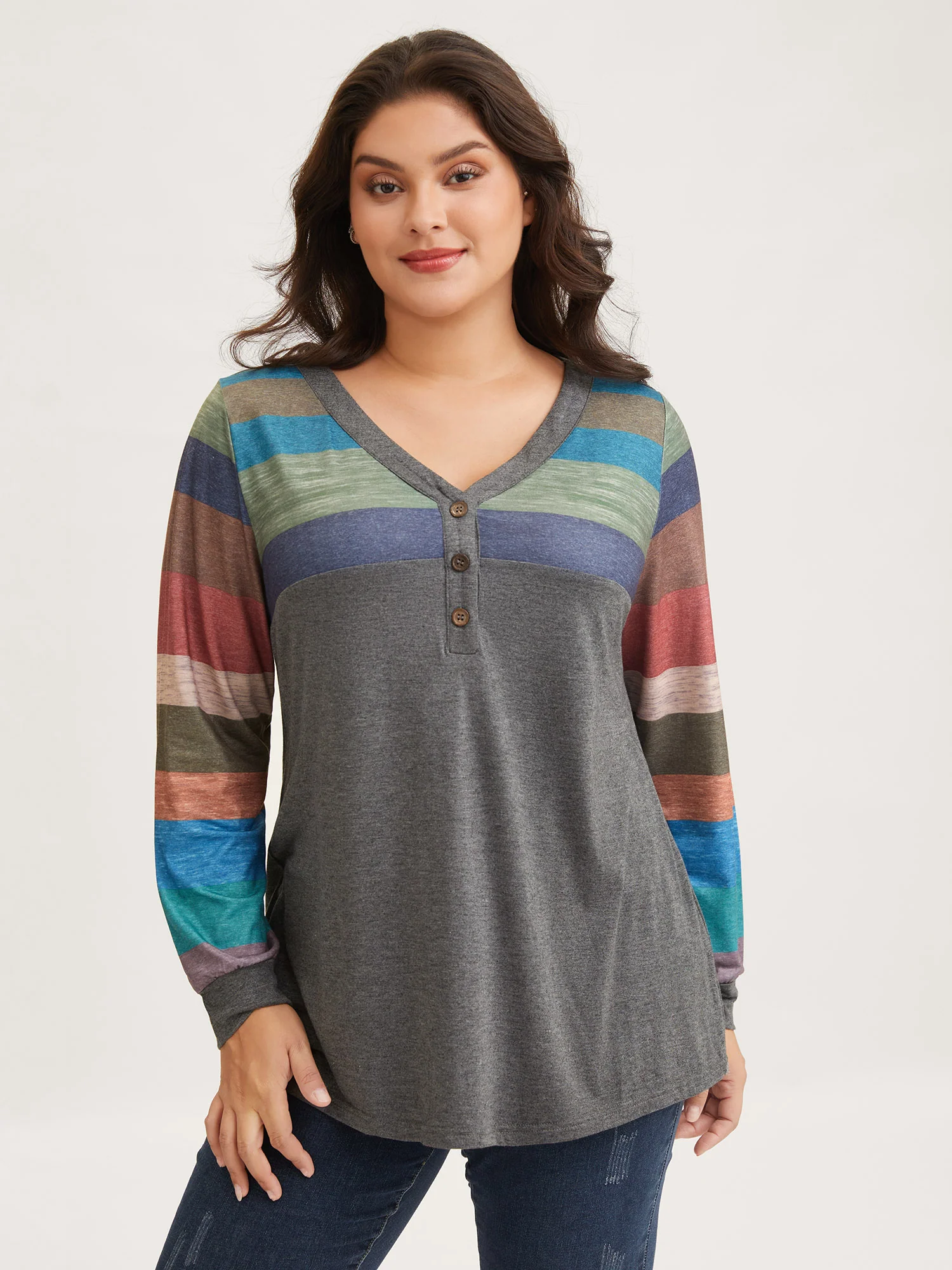 Colorblock Contrast V Neck Button Up T-shirt - Image 2