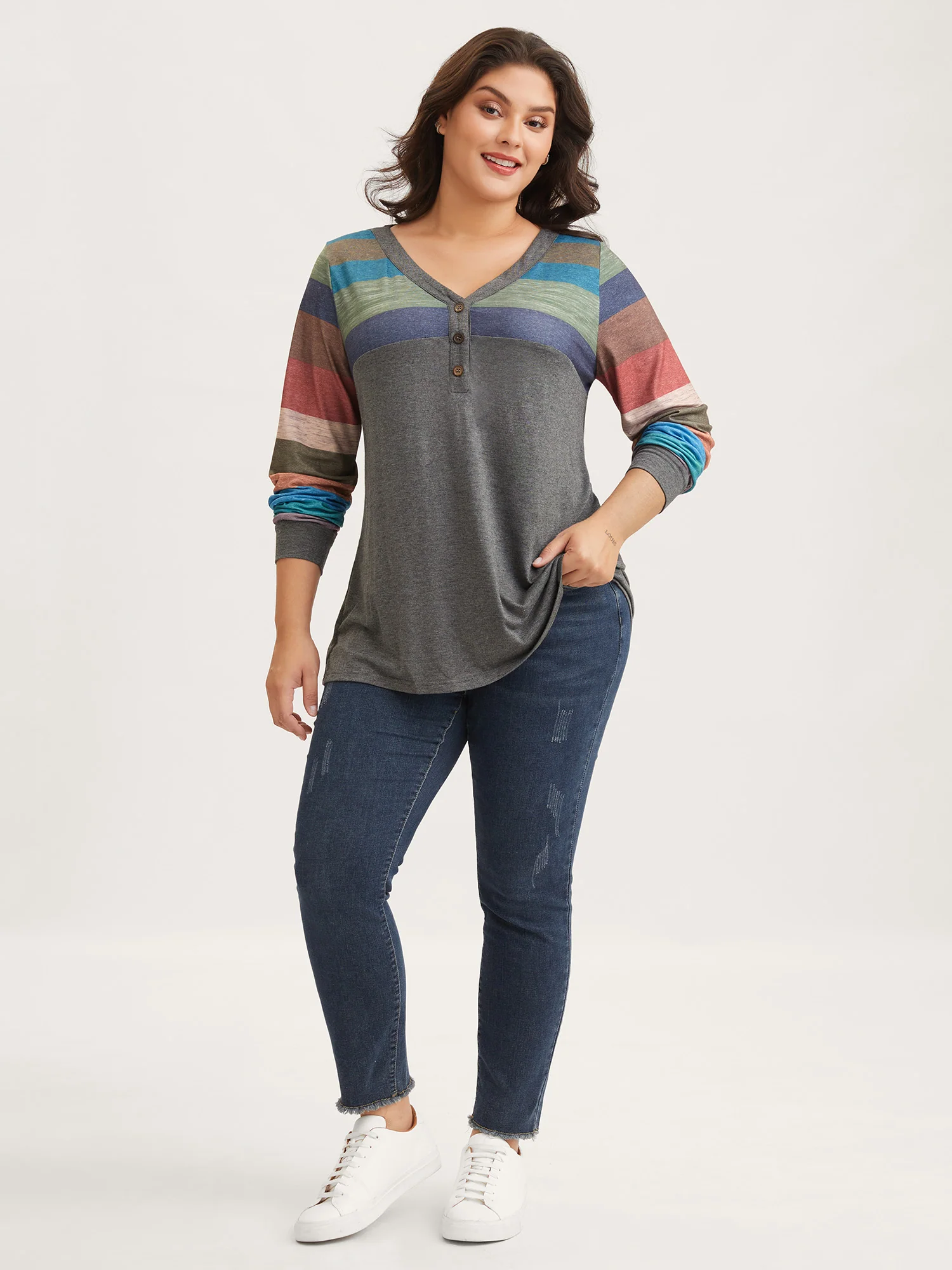 Colorblock Contrast V Neck Button Up T-shirt - Image 3