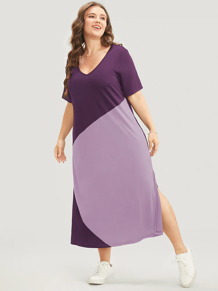 Colorblock Contrast V Neck Pocket Split Hem Dress - Image 2