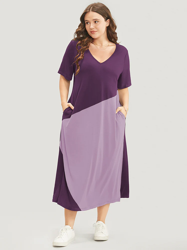 Colorblock Contrast V Neck Pocket Split Hem Dress - Image 3