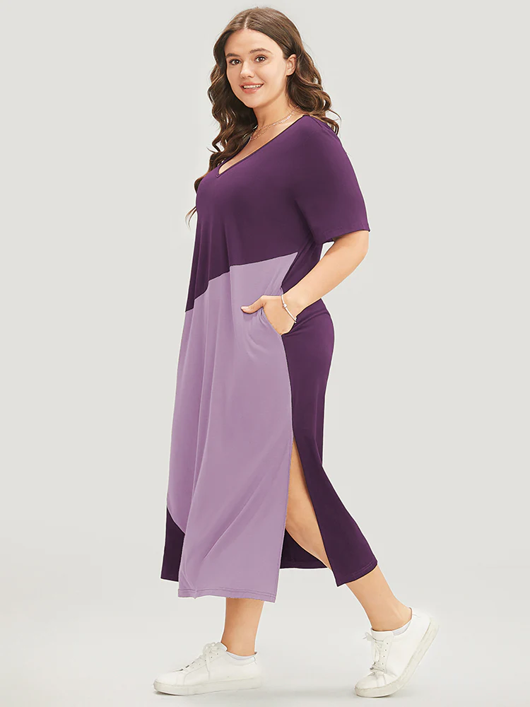 Colorblock Contrast V Neck Pocket Split Hem Dress - Image 4