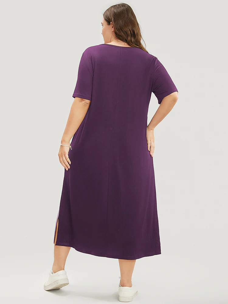 Colorblock Contrast V Neck Pocket Split Hem Dress - Image 5
