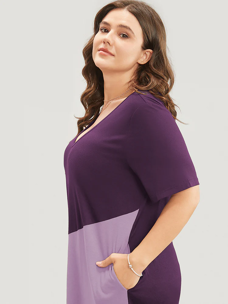 Colorblock Contrast V Neck Pocket Split Hem Dress - Image 6