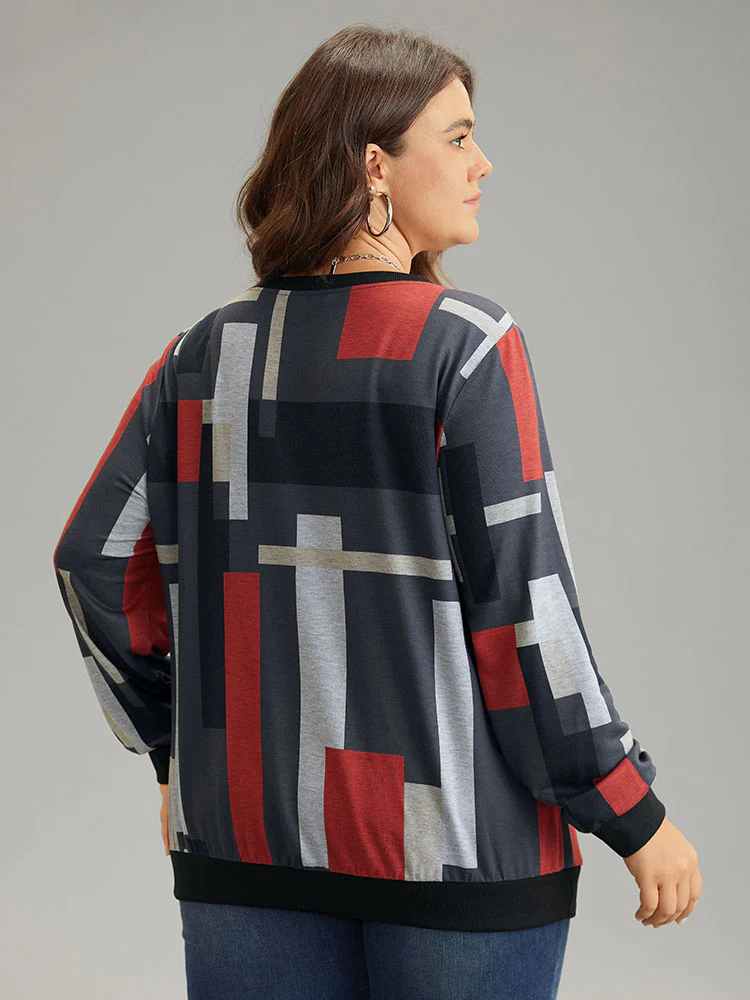 Colorblock Contrast V Neck Rib Knit Sweatshirt - Image 2