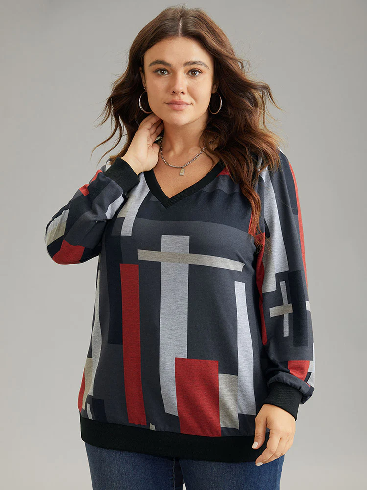 Colorblock Contrast V Neck Rib Knit Sweatshirt - Image 3