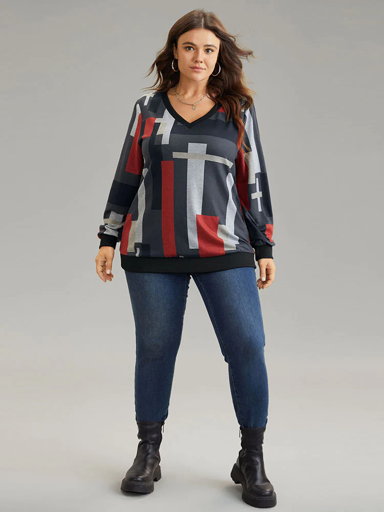 Colorblock Contrast V Neck Rib Knit Sweatshirt - Image 4