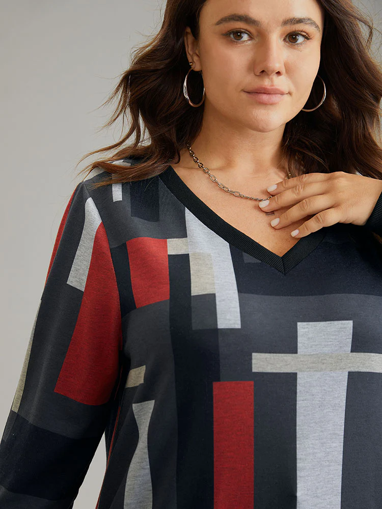Colorblock Contrast V Neck Rib Knit Sweatshirt - Image 5