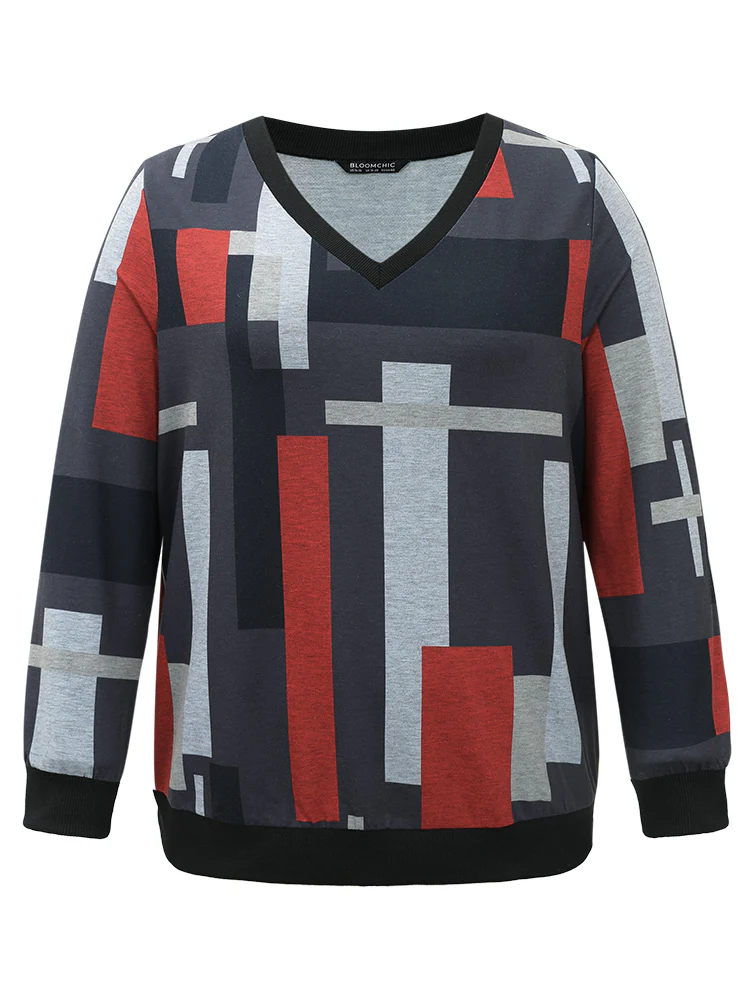 Colorblock Contrast V Neck Rib Knit Sweatshirt - Image 6