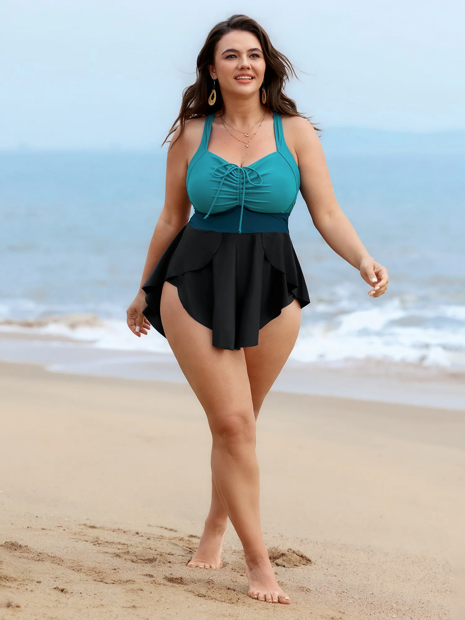 Colorblock Drawstring Adjustable Swim Dress - Image 3