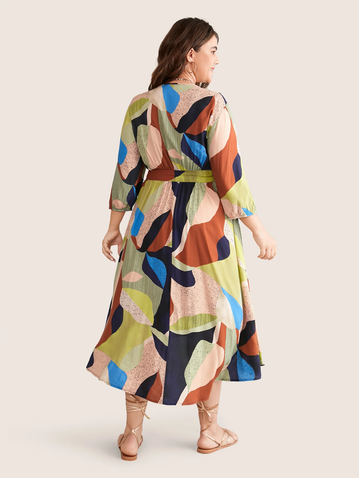 Colorblock Elastic Cuffs Contrast Belted Dress - Image 2