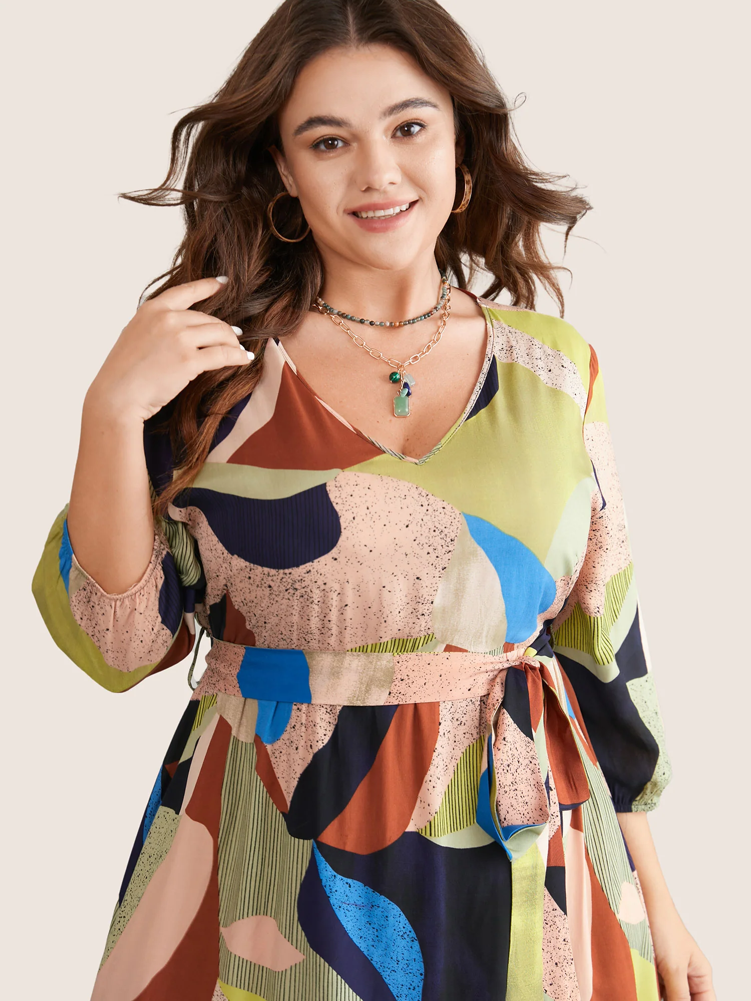 Colorblock Elastic Cuffs Contrast Belted Dress - Image 4