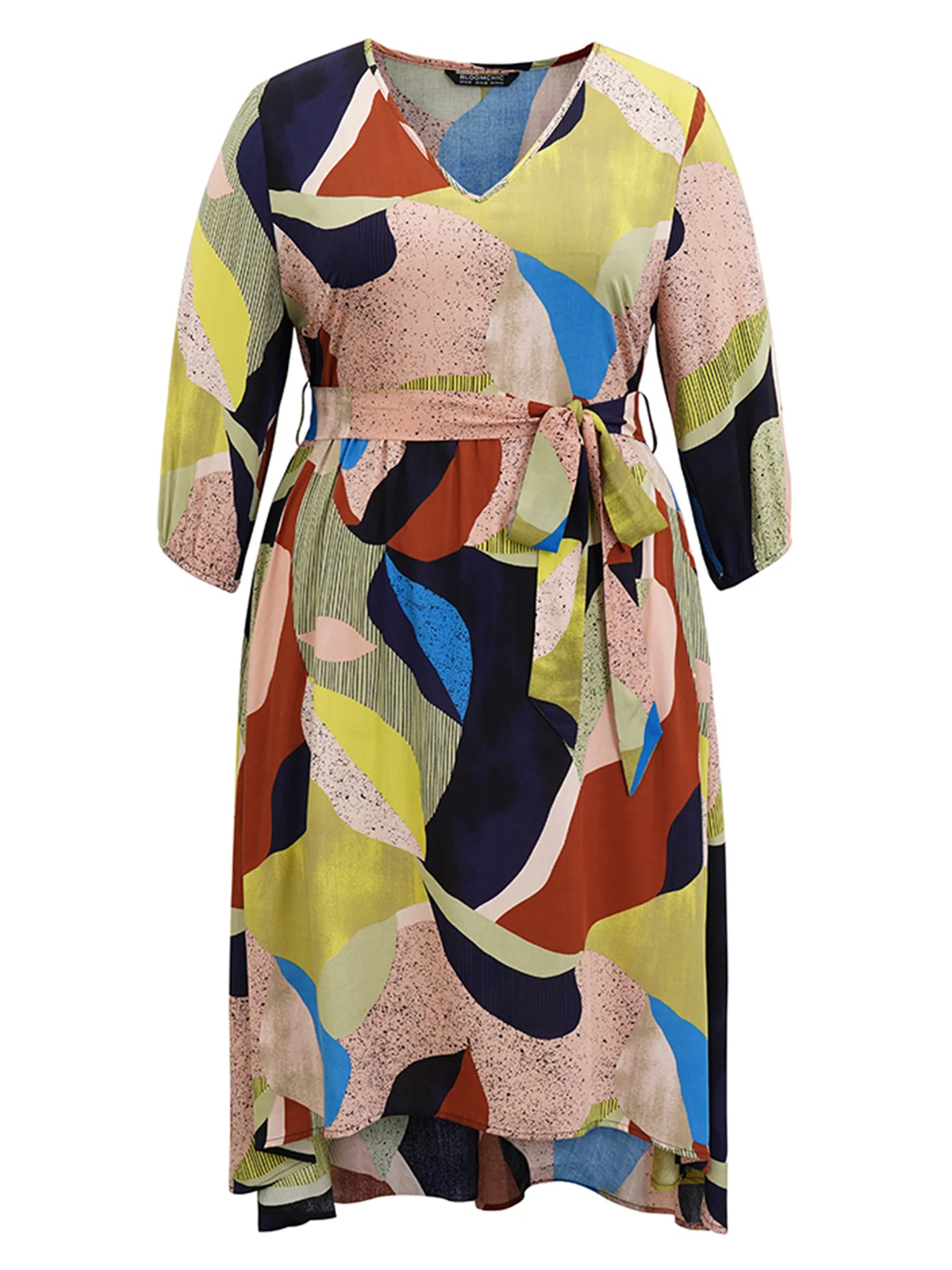 Colorblock Elastic Cuffs Contrast Belted Dress - Image 7