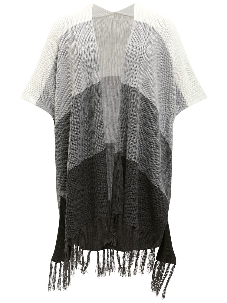 Colorblock Fringe Trim Batwing Sleeve Split Side Cardigan - Image 10