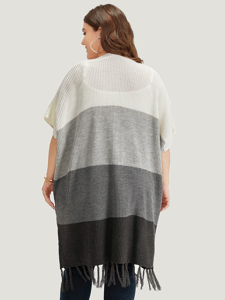 Colorblock Fringe Trim Batwing Sleeve Split Side Cardigan - Image 2
