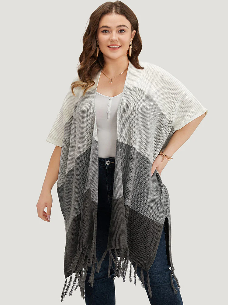 Colorblock Fringe Trim Batwing Sleeve Split Side Cardigan - Image 3