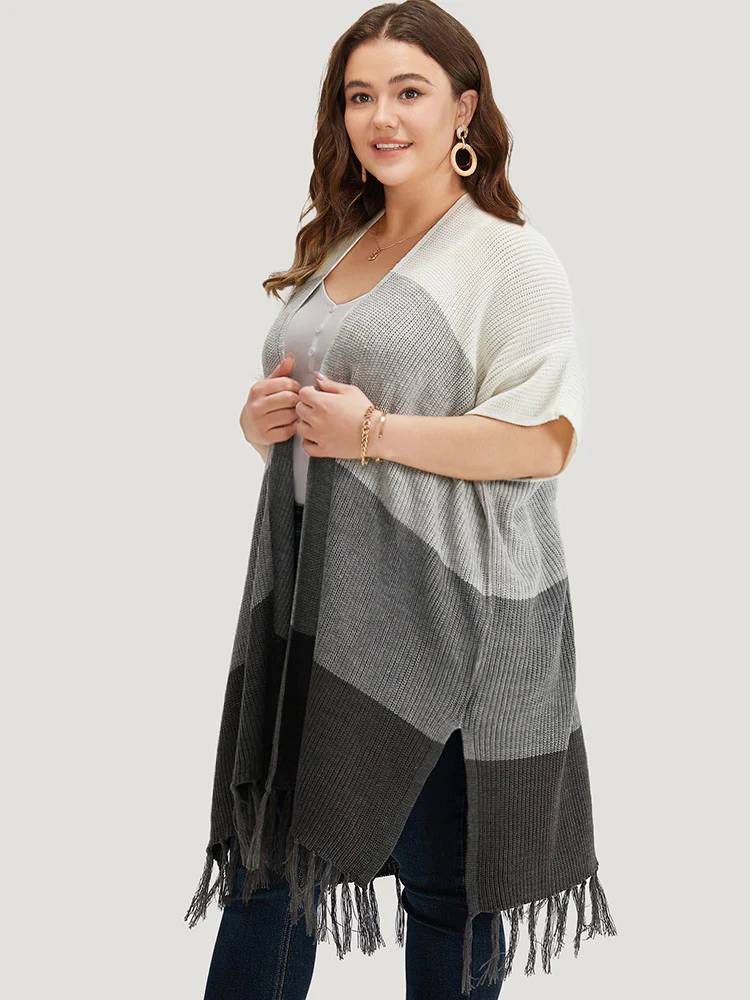 Colorblock Fringe Trim Batwing Sleeve Split Side Cardigan - Image 4