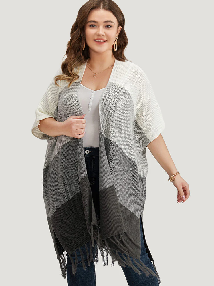 Colorblock Fringe Trim Batwing Sleeve Split Side Cardigan - Image 5