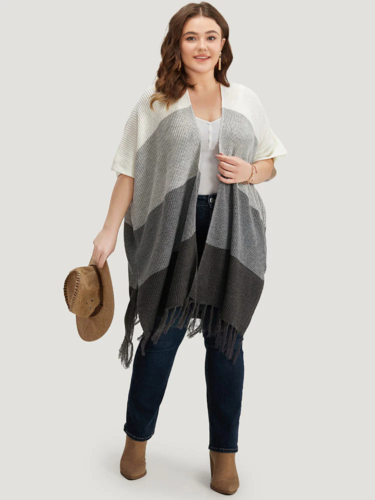 Colorblock Fringe Trim Batwing Sleeve Split Side Cardigan - Image 6