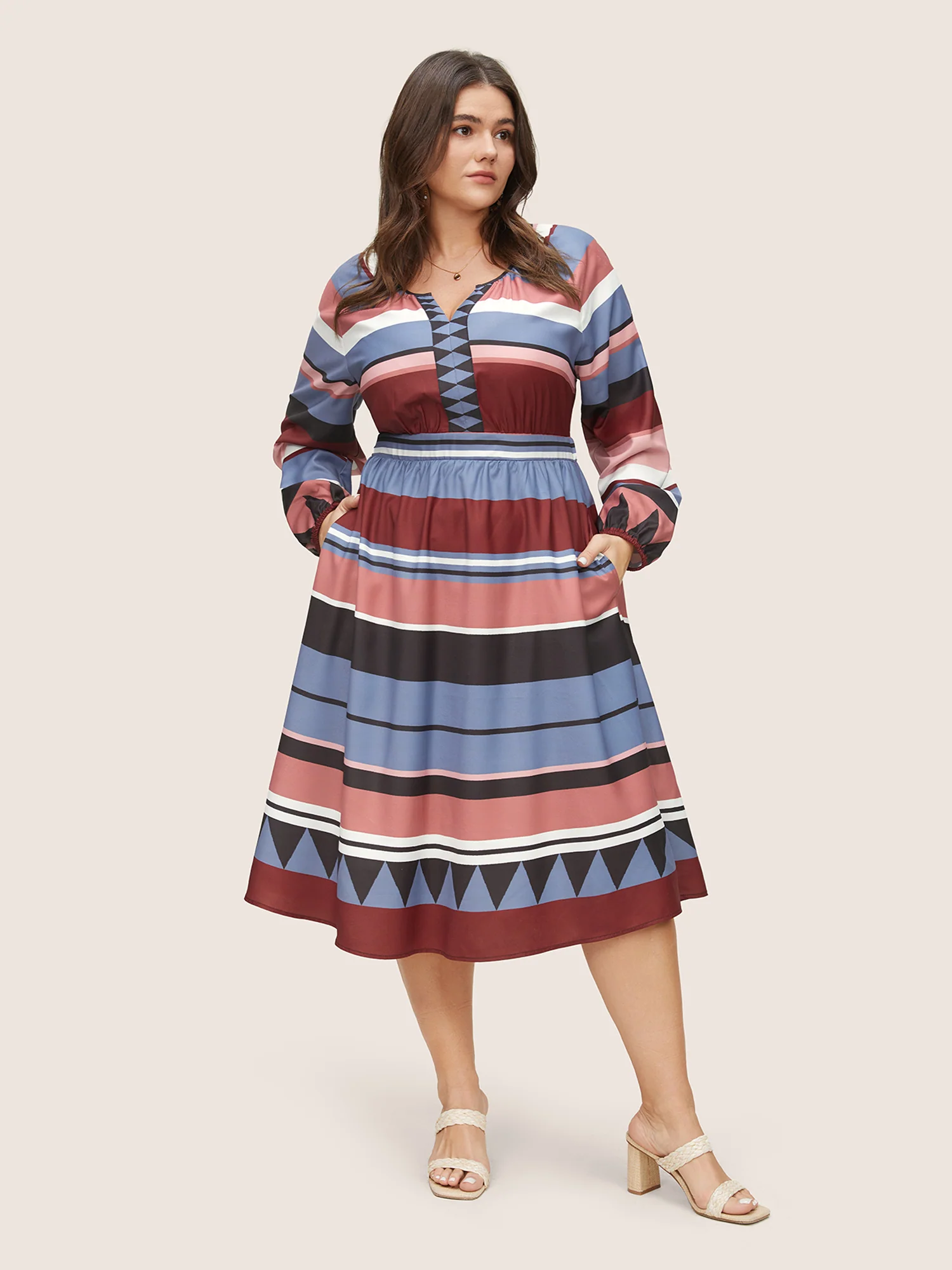 Colorblock Geometric Notched Pocket Elastic Cuffs Dress - Image 2