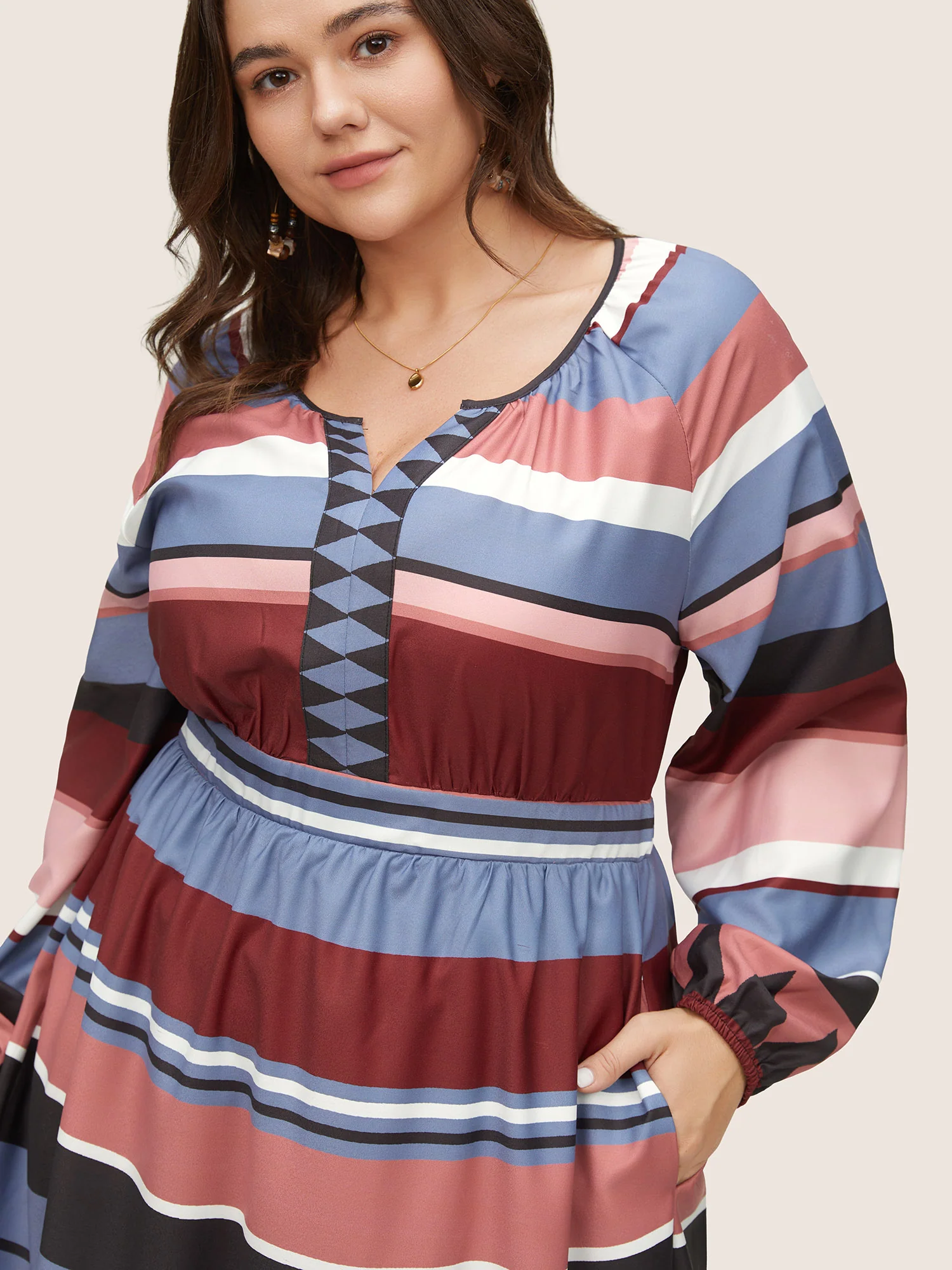 Colorblock Geometric Notched Pocket Elastic Cuffs Dress - Image 4