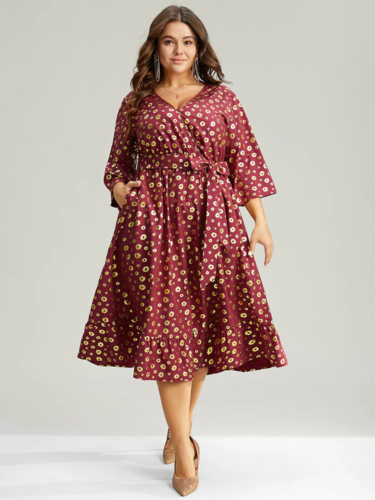 Colorblock Glitter Bowknot Belted Pocket Dress - Image 2