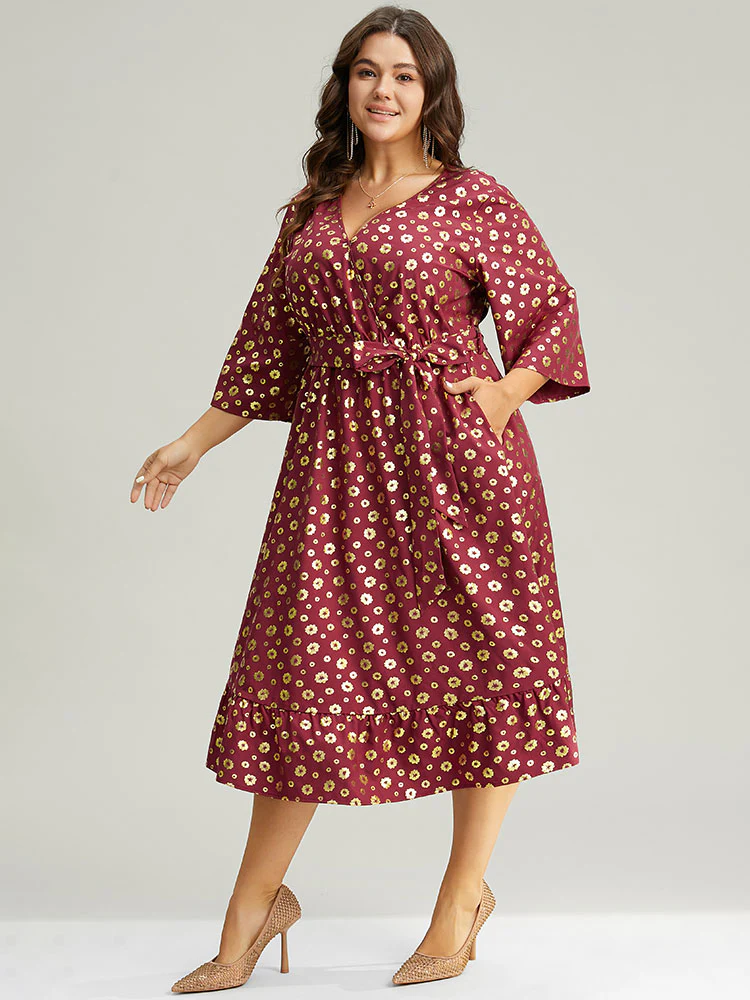 Colorblock Glitter Bowknot Belted Pocket Dress - Image 4